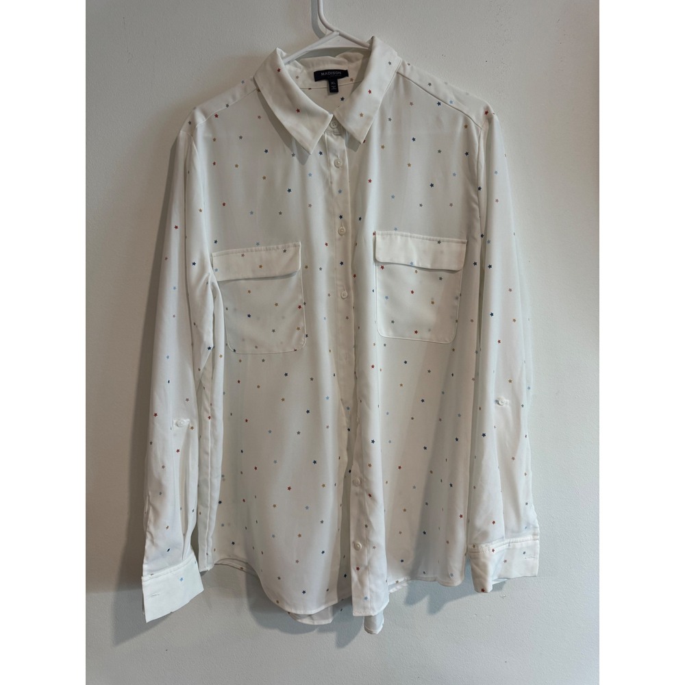 Madison Star Print Button Down Blouse Womens XL White Roll Tab Sleeve